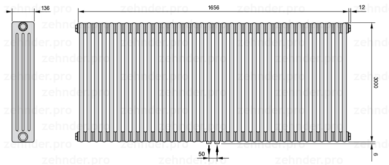 Схема (чертеж) Радиатор Zehnder Charleston 4300/36 №5410 Белый глянцевый RAL 9016